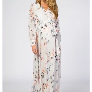 Ivory Floral Chiffon Maternity Maxi Dress, size M